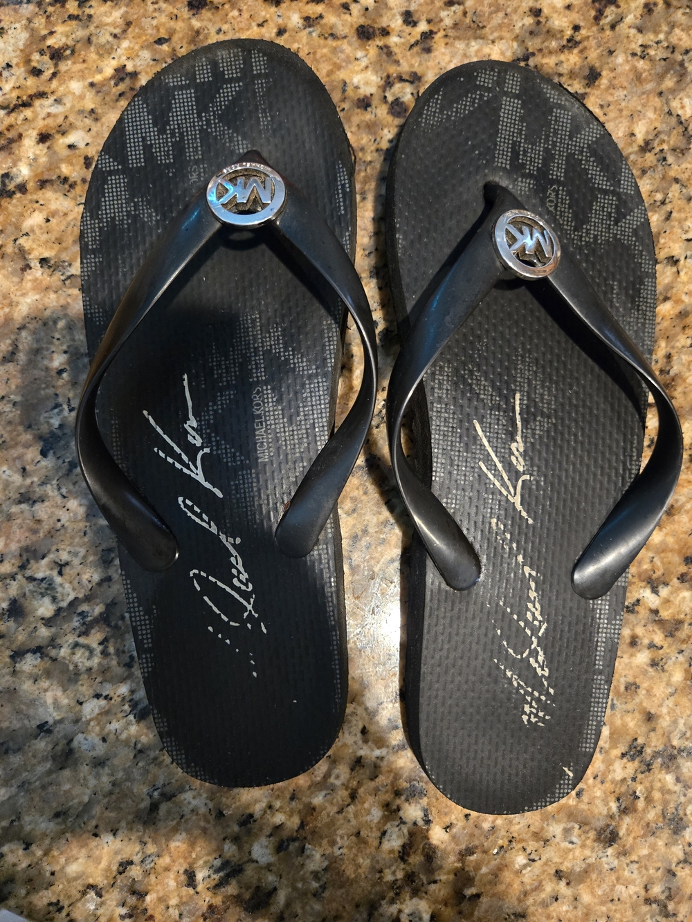Michael Kors Black Logo Thong Sandals with Silver MK Medallions